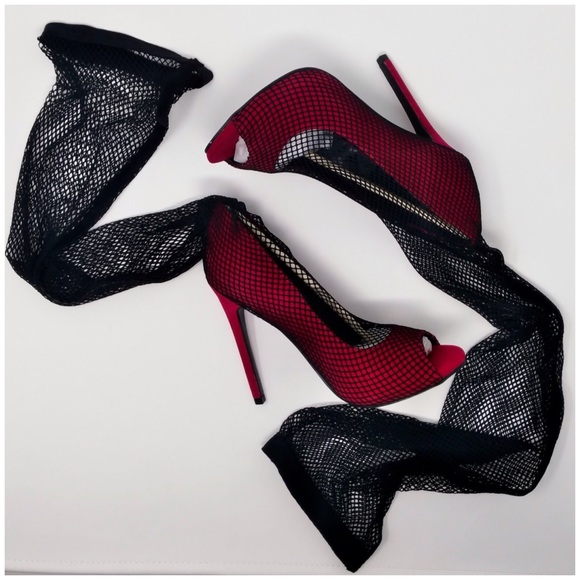 Sexy Red Fishnet High High Heels - Picture 6 of 6